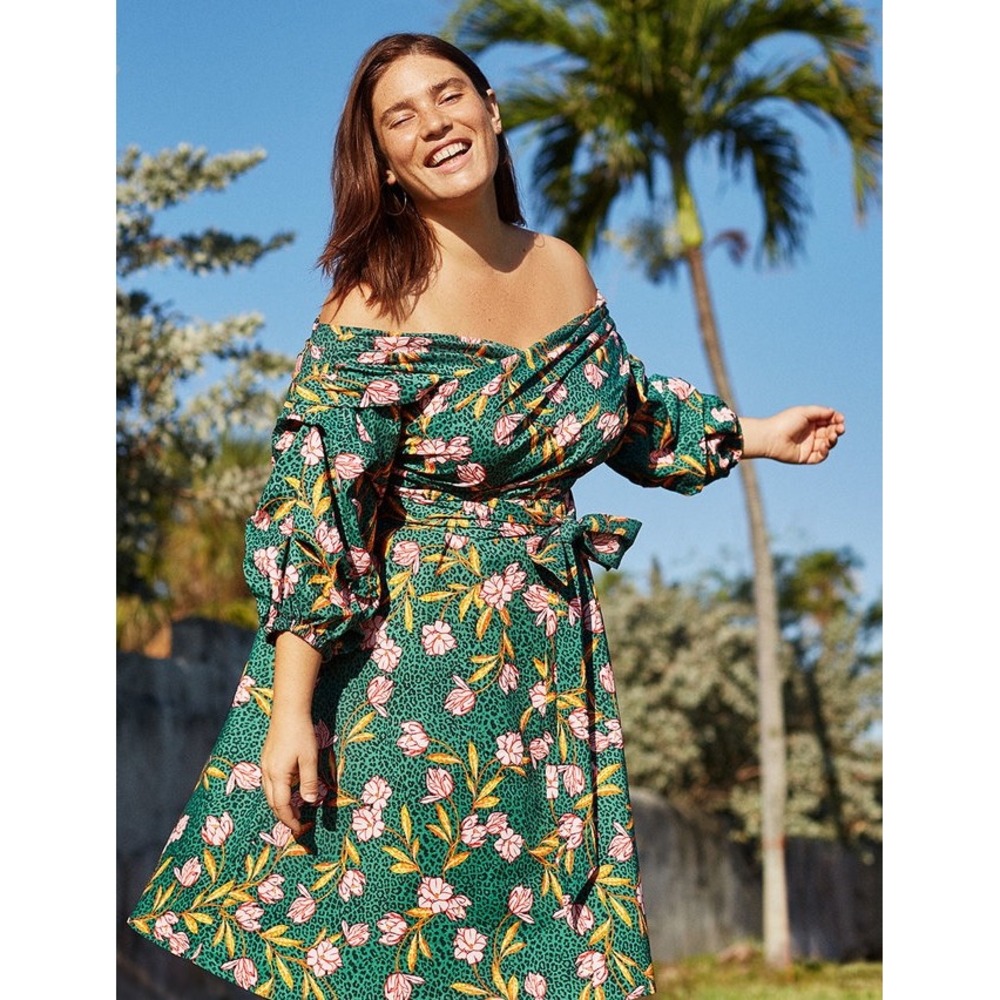 Eloquii 100% Cotton Floral Leopard Print Off Shoulder Midi Dress NWT Size 26